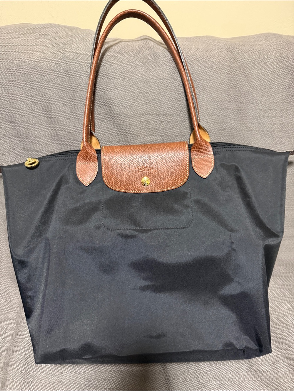 Longchamp Black Tote with Brown Leather Trim